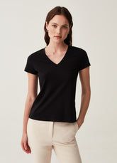 Ovs Stretch Cotton T-Shirt With V Neck